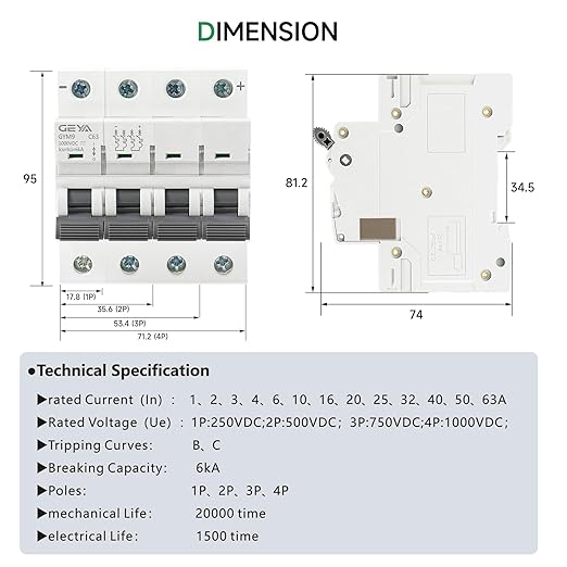GEYA DC Miniature Circuit Breaker, 2 Pole 500V 63 Amp DC Disconnect Switch, Isolator for Solar PV System,Thermal Magnetic Trip, DIN Rail Mount (GYM9DC-2P-C63)