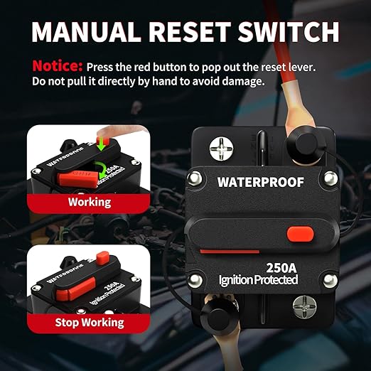 250Amp Circuit Breaker Waterproof Marine Motor Accessory for Boat Trolling ATV Trailer Vehicles Stereo Audio Electronic Battery Solar System Inline Fuse with Manual Reset Switch DC 12V-48V