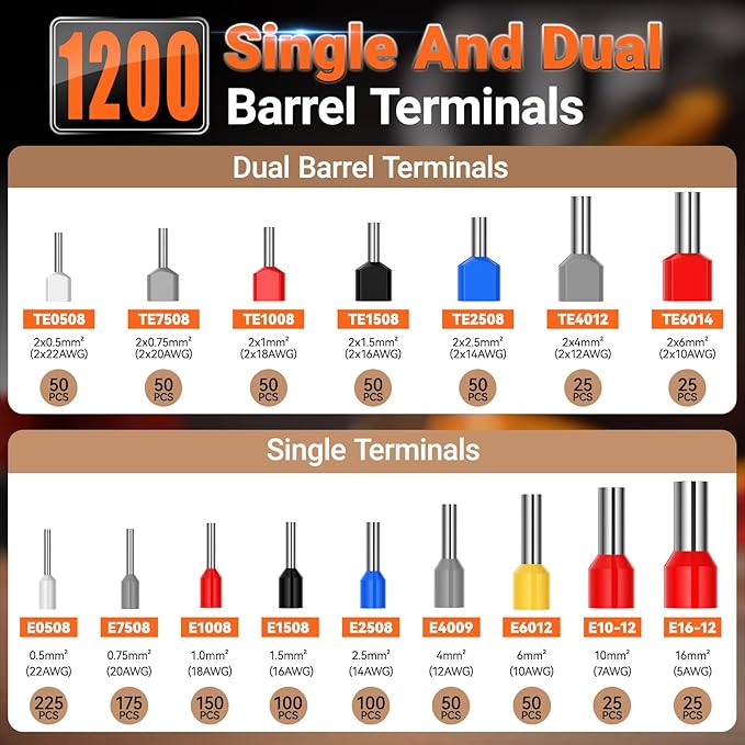 Ferrule Crimping Tool Kit, Preciva Upgrade Double & Single Ferrules Connectors, Hexagonal Ratchet Jaw Wire Crimping Pliers AWG 28-5 with 1200PCS Terminal Connector Sleeves