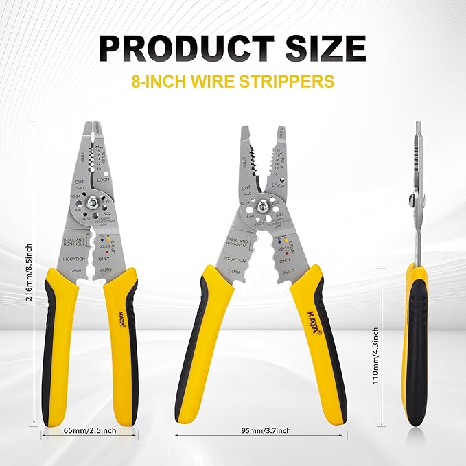 KATA 8-Inch Wire Stripper Tool - Professional Wire Stripping, Cutting & Crimping Pliers for 10-22 AWG Solid & Stranded Wire - Heavy Duty Electrician Hand Tool with Non-Slip Grip
