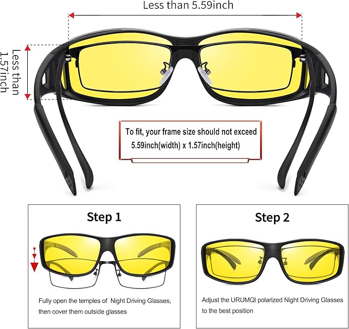 URUMQI Night Vision Driving Glasses Fit Over Eyeglasses for Men Women, Anti Glare Polarized Nighttime Glasses Yellow Lens
