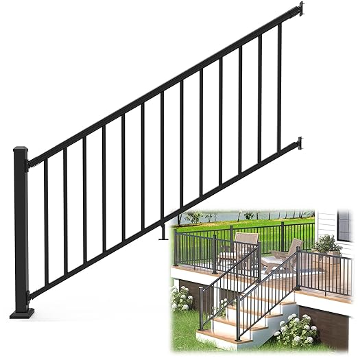 Egadis 36 in. H x 6 ft. W Porch and Deck Railing Kit, Aluminum Stair Railing Kit, Black Textured AAMA 2604 Powder-Coat Finish Railing System for Concrete Steps or Wooden Stairs (1 Post, 1 Panel)