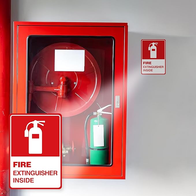 2 PCS Fire Extinguisher Inside Sign Stickers,Self Adhesive Vinyl Safety Label Waterproof, Fade and Scratch Resistant, Suitable for Indoor and Outdoor,Red on White