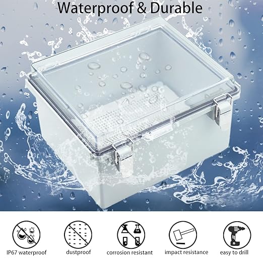 Junction Box, Hinged Clear Cover Stainless Steel Latch IP67 Waterproof ABS Project Box with 2 PG13.5 Cable Gland,Electrical Box Enclosure with Mounting Plate & Wall Bracket 11.8 x 11.8 x