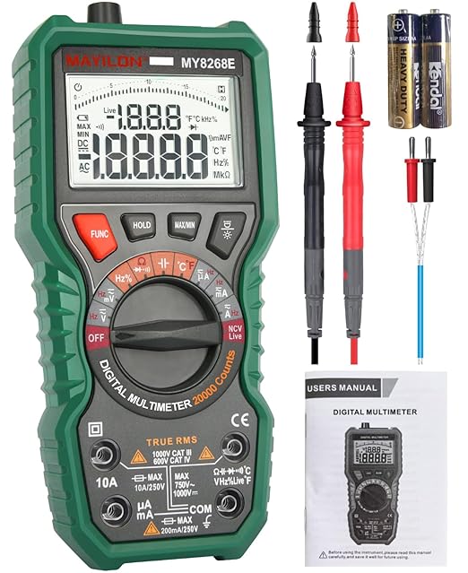 Multi Meter Digital Multimeter 20000 Counts Auto Ranging, Voltmeter for Voltage Current Resistance Diodes Continuity Frequency Duty Cycle Capacitance Temperature NVC Live