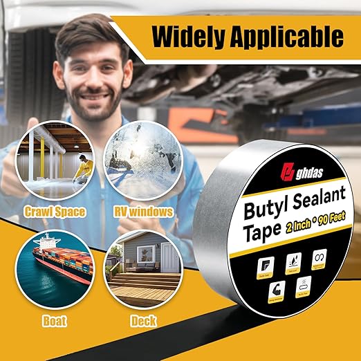 1 Pack Butyl Sealant Tape 2" X 90' - Double Sided - Black Vapor Barrier Butyl Tape for Wall of Crawl Space, Rv Windows, Deck Boat, Crawlspace (Waterproof, Weatherproof)