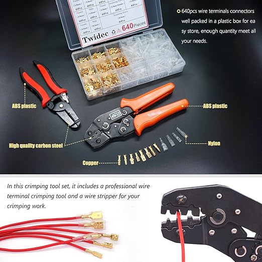 Twidec/640Pcs 2.8/4.8/6.3mm Quick Splice Male and Female Wire Spade Connector Crimp Terminal Golden Kit with Wire Terminal Crimping Pliers Tools 26-16AMG for Electrical Wiring Car Audio Speaker