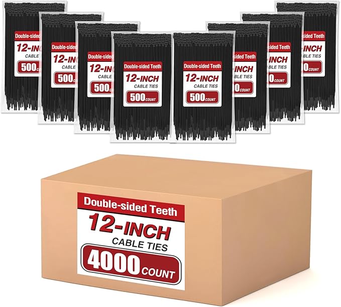 Zip Ties 12 inch (4000 Pack), 85 lb, Double-sided Toothed, Delivering 1.7X Tensile Strength in the Same Specs, Black, Heavy Duty Cable Ties, Glufirm