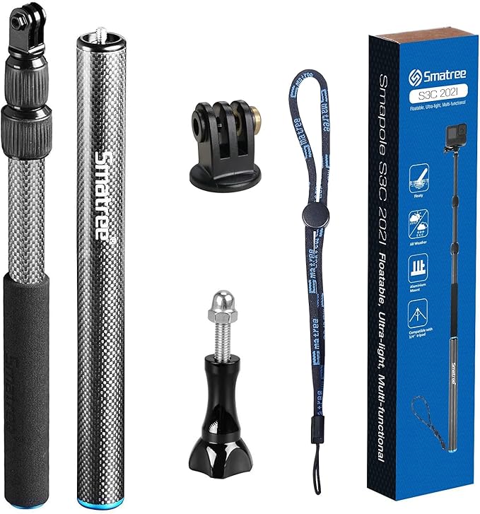 Smatree Carbon Fiber Detachable Extendable Floating Pole Selfie Stick Compatible for GoPro Hero 13/12/11/10/9/8/7/6/5/4/3 Plus/3/Session/GoPro MAX/AKASO EK7000,DJI OSMO Action 5 Pro /4/3/2 Camera