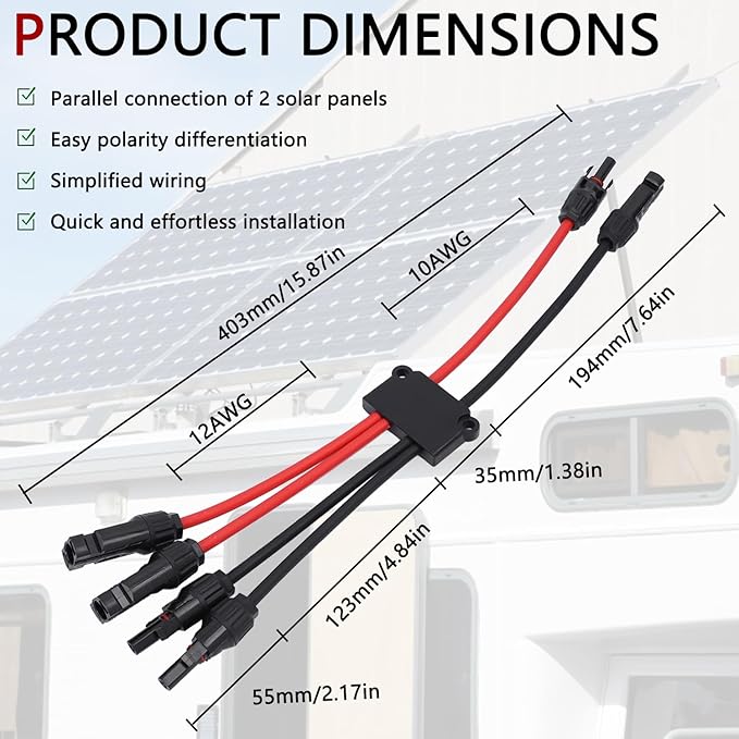 Solar Parallel Connectors for 2 Solar Panels, Tool-Free MC4 Solar Cable Splitter, Y Branch Solar Panel Splitter, 2 to 4 Solar Parallel Adapter IP68 Waterproof (FMM/MFF)