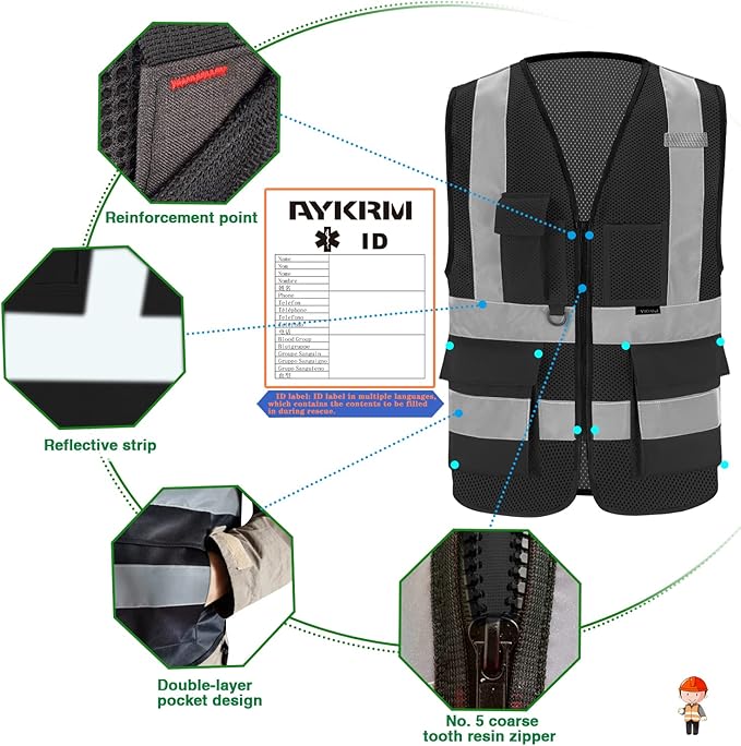 Black reflective safety vest for men