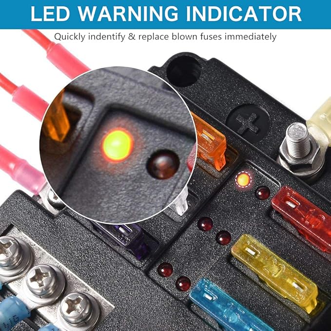 12 Volt Fuse Block, Waterproof 6 Way Fuse Box with 6 Ground Negative Busbar for Automotive[100 Amp Max] [ATC/ATO Fuses] [LED Indicator] [2 Spare Fuse Slots] for Car Boat Marine RV DC 12-24V