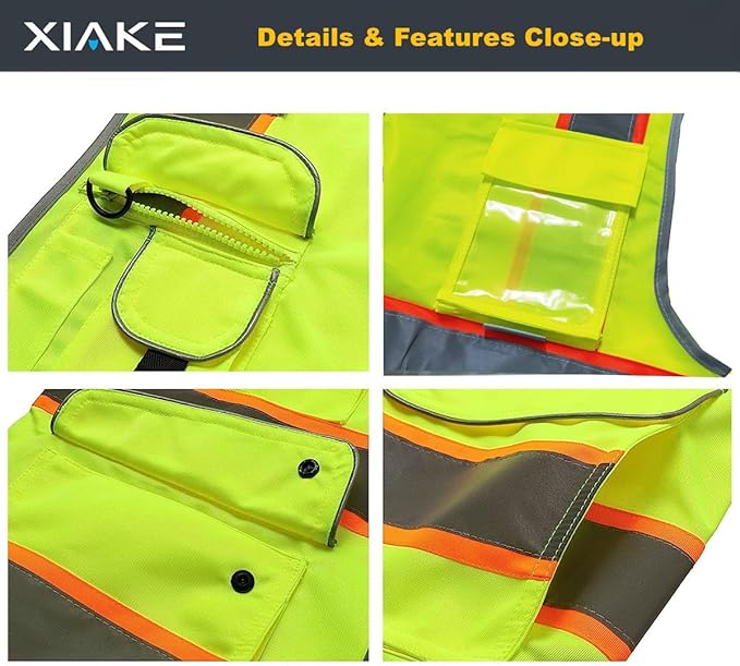 XIAKE 9 Pockets Class 2 High Visibility Reflective Safety Vest for Men Women,Meets ANSI/ISEA Standard