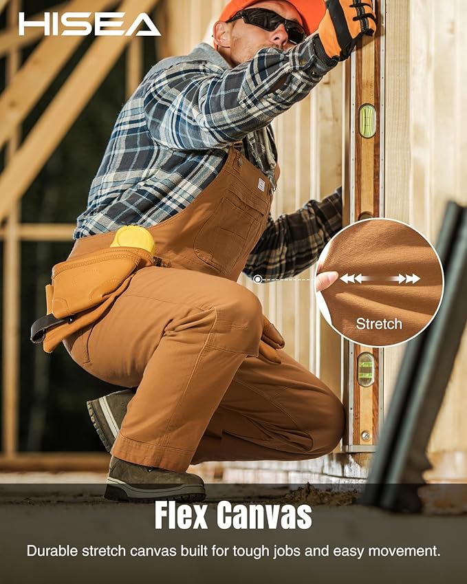 HISEA Flex Canvas Overalls for Men, Bib Work Double Knee Stretch Overall, Relaxed Fit Lightweight Workwear with Pockets
