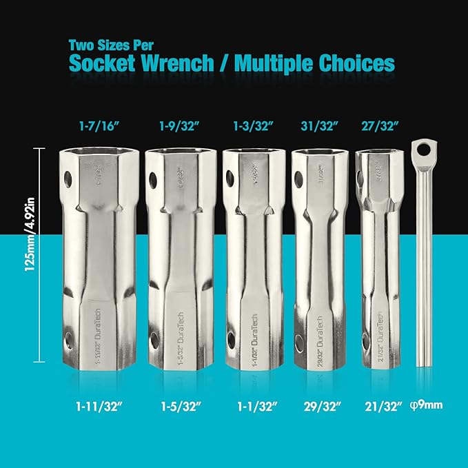 DURATECH Shower Valve Socket Wrench Set with Bar Handle for Removing Tub & Shower Valve, SAE, Includes 21/32”x 27/32”, 29/32”x 31/32”, 1-1/32” x1-3/32”, 1-5/32”x1-9/32”, 1-11/32”x 1-7/16”, 5-Piece