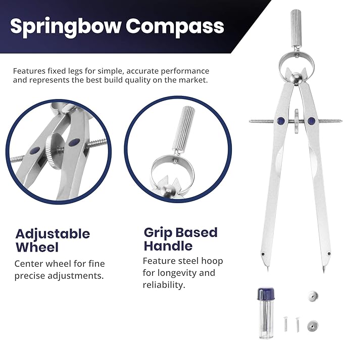 Pacific Arc Metal Professional Compass, Perfect Spring Bow Compass for Math, Geometry, or Drafting, Up to 8" Diameter Large, Comes with Lead and Lock