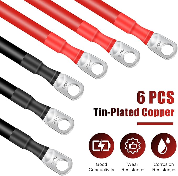 Hoteam 6 Pcs Battery Cable Copper Battery Inverter Cables with Terminals 3/8 Inch Lugs Red and Black Both Ends Power Inverter Wire for Solar Motorcycle Automotive RV Car Boat Marine (4awg,2ft)