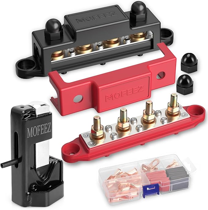 MOFEEZ Power Distribution Block Bus Bar 4 × 5/16" Posts 6 × #8 Screws with Hammer Lug Crimping Tool, Marine Bus Bar 48V 250A for Automotive, Car, Boat, Solar Wiring