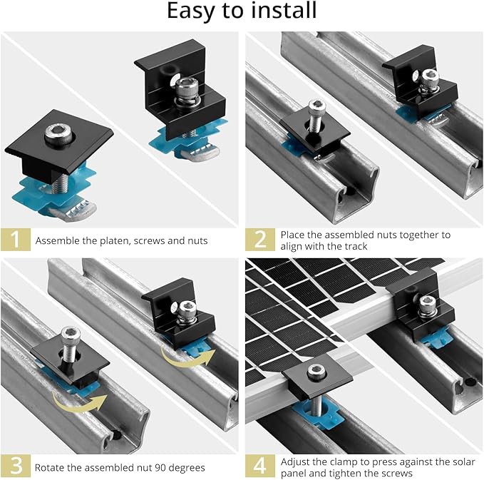 Anbte 10 PCS Solar Panel Mounting Brackets for Unistrut, Aluminium 30mm/35mm 6 x T-Shaped Mid Clamps + 4 x End Clamps, Solar Panel Mounting Kit for Metal, Tin, Flat, Sheet Roofs, RV, Black
