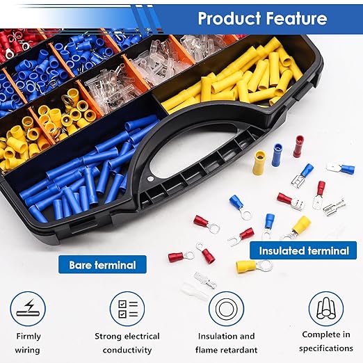 smseace 1100Pcs Crimp Wire Connectors with Crimping Tool Packed in Handheld Box 22-10AWG Insulated Wire Crimp Spade/Fork/Ring/Butt Electrical Speaker Wire Connector