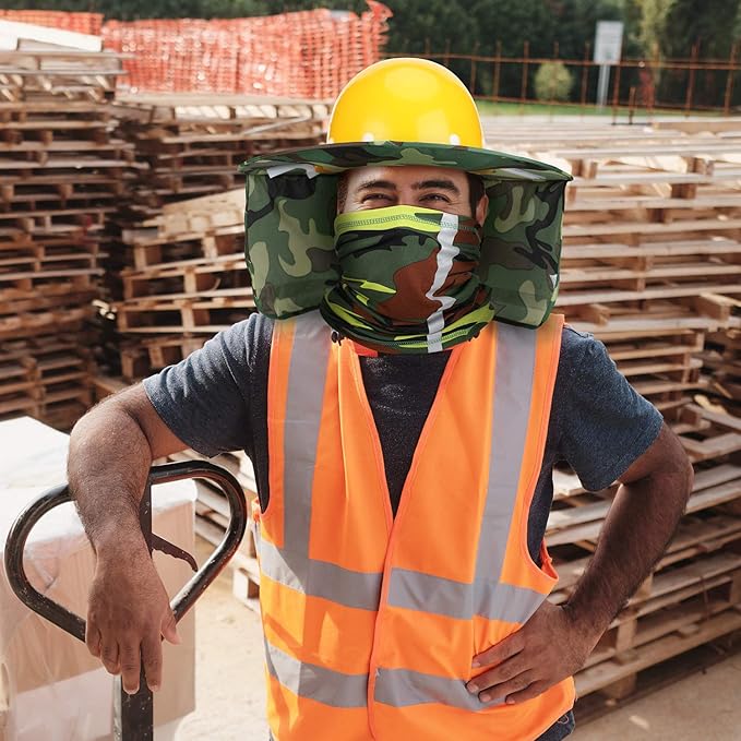 SATINIOR 2 Pcs Sun Hard Hat Neck Protection High Visibility Full Brim Mesh Sun Protection and Neck Gaiter Bandana Face Scarf for Construction Helmet Hard Hat Accessories, Reflective(Camouflage Green)