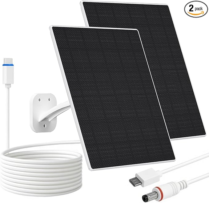 FUTUREZEN Solar Panel for Security Camera, 10W Solar Charger with DC 5.5x2.1mm, USB-C & Micro USB Port, IP66 Waterproof, 360° Adjustable Mount, 7.2FT Cable (2 Pack, White)