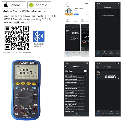 OWON B41T+ Bluetooth Digital Multimeter Auto-ranging TRMS 22000 Counts Ohmmeter for AC/DC Voltage,Current,Resistance,Continuity,Capacitance,Diodes,Temperature Measurement,Volt Meter for Automotive