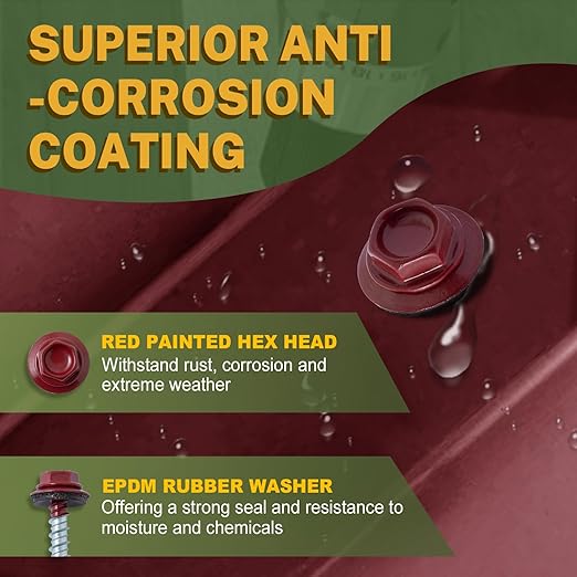 LIONMAX Metal Roofing Screws #10 × 2 Inch, 300-PCS, Dark Red Painted Hex Head Sheet Metal Roof Screws, Rubber Washer, Sharp Point, Metal to Wood Siding Screws, Hex Socket Included