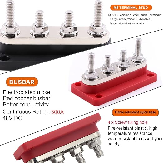 Bus Bars Copper 12V-48V 300A with 4 x 5/16”(M8) Posts Terminals Power Distribution Block, DC Battery Busbar 300 Amp for Car RV Solar Trailer Boat Marine Trucks, Red& Black 2 Pack