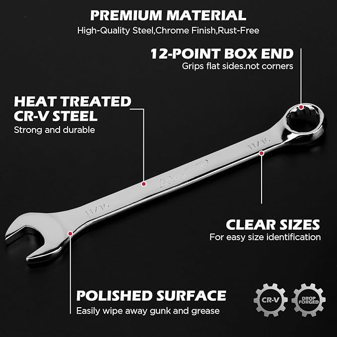 15-Piece SAE Combination Wrench Set, 1/4''–1'' 12-Point Open End and Box End Wrench Kit with Organizer, Chrome Vanadium Steel Tools for Mechanics, Garages and Workshops