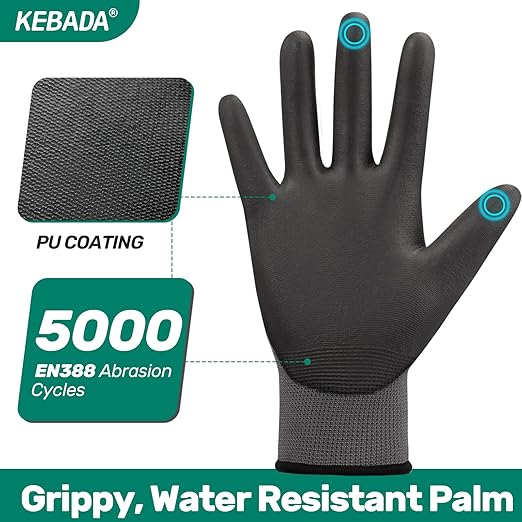Kebada W1 Work Gloves for Men and Women, PU Coated Safety Gloves with Grip, Touchscreen, Ideal for Warehouse Work, Construction, Gardening, 12 Pairs Gray X-Large