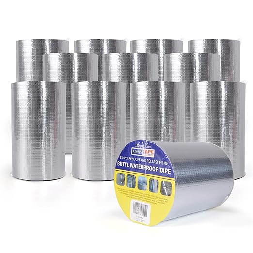 ADHES Butyl Tape Waterproof Tape Aluminum Foil Tape Sealant Tape 4in x 16ft for RV Repair, Window, Boat and Pipe Sealing, Glass & EDPM Rubber Roof Patching, 12ROLLS(Model:RAY100-2,Glue Color:Grey)