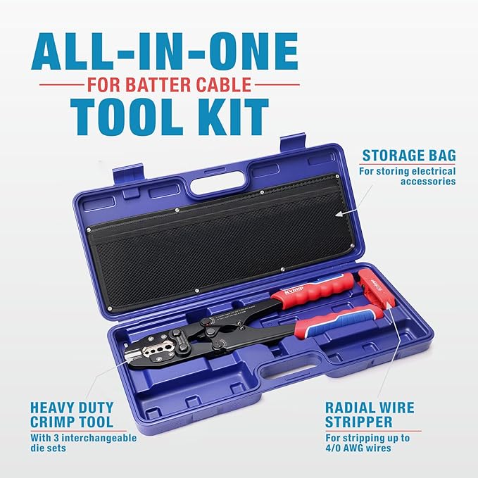 iCrimp Battery Cable Lug Crimping Tool Kit for 8, 6, 4, 2, 1,1/0, 2/0, 3/0, 4/0 AWG Copper Ring Terminals, Battery Cable Ends, Copper Splice, c/w Radial Wire Stripper