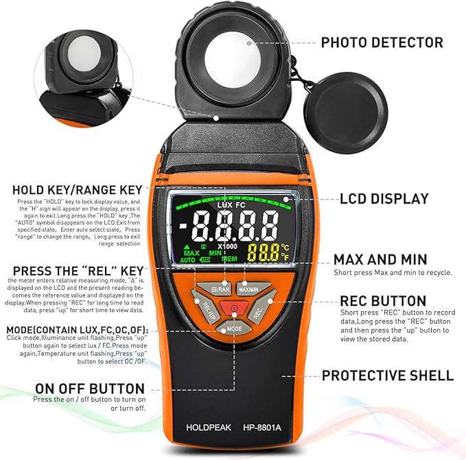 HOLDPEAK Light Meter, Digital Lux Meter 0.1-400,000 Lux, 270º Rotatable Detector, Large Color Backlit Display, Illuminance Meter Temp Luxmeter Lumen Meter for Photography 8801A