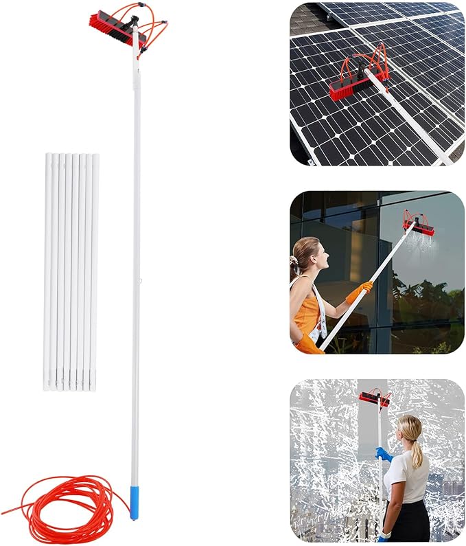 30FT Reach Solar Panel Cleaning Brush Kit, Adjustable Pole Window Cleaning Brush with 180° Rotating Head, 65.6FT Hose Window Washer Tool for Roof, RV, Truck, Car (30ft 13.78x3.15in)