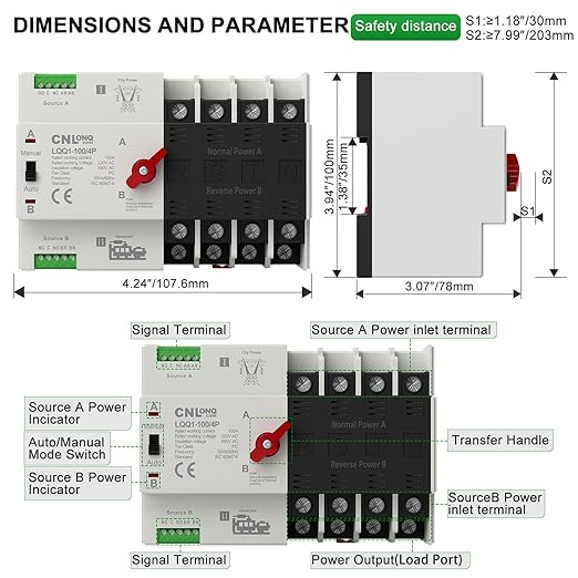 AC110V 100Amp Automatic/Manual Transfer Switch 4P 50/60Hz, 4Poles Mini ATS Auto Dual Power Switch Automatic Changeover Fast Transfer for Home Generator, Soalr, Rv and Lv Power