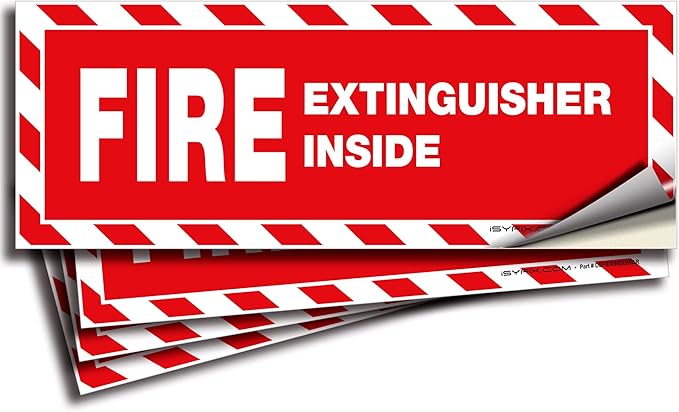 iSYFIX Fire Extinguisher Inside Signs Stickers – 4 Pack 8x3 Inch – Self-Adhesive Vinyl Decals, Laminated for UV, Weather, Scratch, Fade Resistance, for Cars, Trailers, Rv's, Trucks and Vehicles