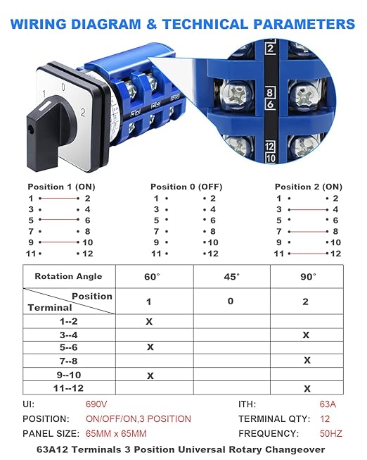 Multi-Transfer Switch AC 660V 63A 3 Positions 12 Terminals - Changeover Selection Switch for RV, Camper and Boat