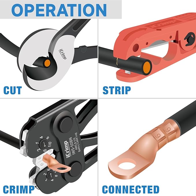 iCrimp IWS-50BN Battery Cable Terminal Crimping Tool Kit for 8, 6, 4, 2, 1, 1/0AWG Battery Cable Lugs, with Battery Cable Cutter and Wire Stripper