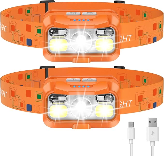 LHKNL Headlamp Rechargeable, Lumen Super Bright Motion Sensor Head Lamp Flashlight,2-Pack Waterproof LED Headlight with White Red Light,8 Modes Head Lights for Camping Cycling Running Fishing-Orange