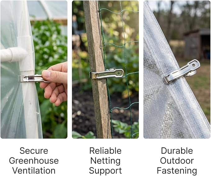 50 PCS Garden Clips - Stainless Steel Greenhouse Clamps,Grip Strong Heavy Duty Metal Greenhouse Supplies,Garden Clips for Netting, Hoops,Shade Cloth,