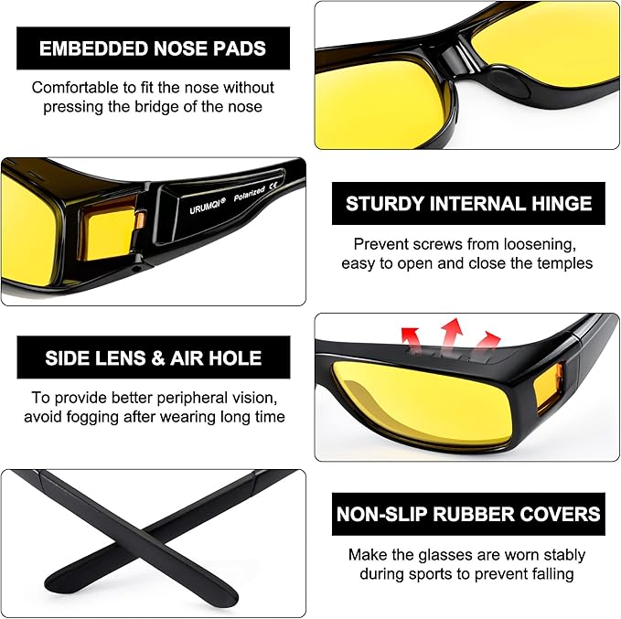 URUMQI Night Vision Driving Glasses Fit Over Eyeglasses for Men Women, Anti Glare Polarized Nighttime Glasses Yellow Lens