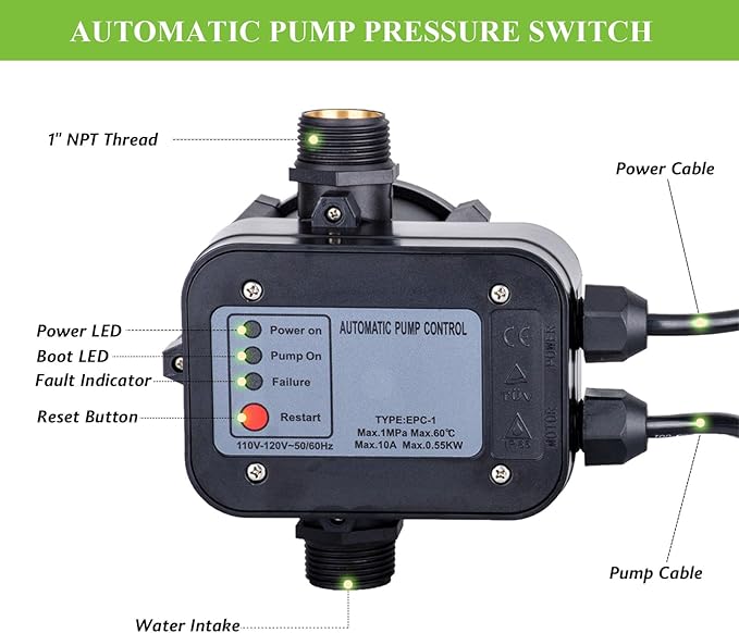 IP65 Automatic Water Pump Controller，Water Pump Pressure Switch Water Flow Sensor Switch Electronic Pump Pressure Regulator for Self-priming Pump，110V-120V~50/60Hz