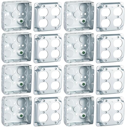 8 Set 4 × 4" Electrical Junction Box with Cover Electrical Metal Outlet Box, 21.0 Cu. in. Capacity Receptacle Exposed Work Cover, 1-1/2'' Deep (Double Duplex Receptacle)