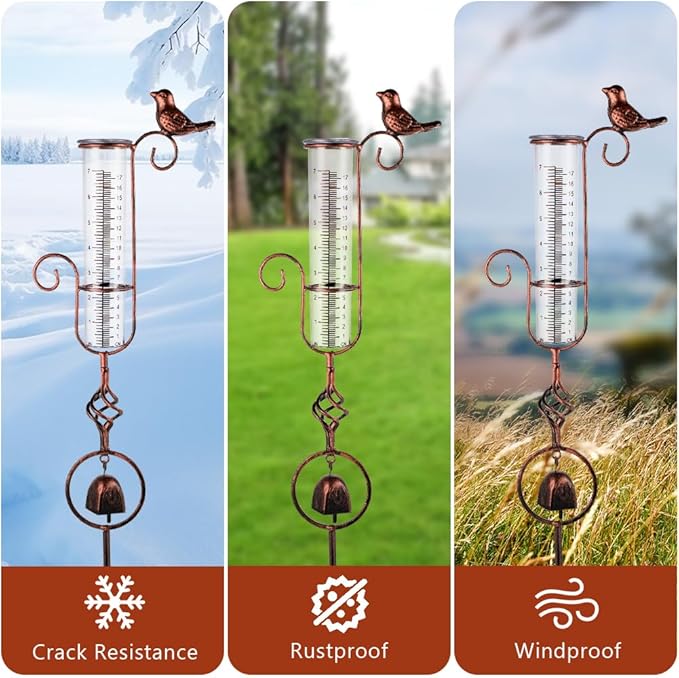 Rain Gauge Outdoor, Hummingbird Rain Gauge, 7 Inch Tube Decorative Rain Measure Gauge, Metal Rain Measure Tool with Bell for Garden, Lawn, Patio