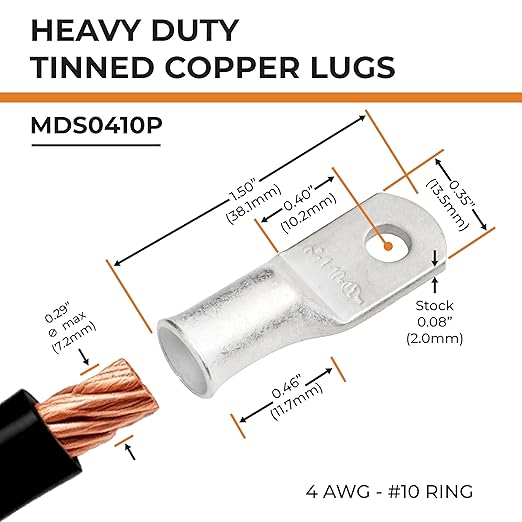 SELTERM 10pcs 4 AWG-#10 Stud Tinned Copper Wire Lugs, Heavy Duty Battery Cable Ends,4 Guage Ring Terminals, UL Battery Lugs Marine Grade Copper Eyelets Electrical Battery Terminal Connectors