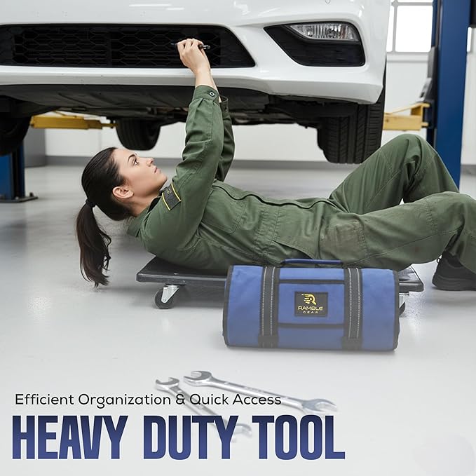 Roll Up Tool Bag Organizer – Heavy Duty Canvas Tool Roll Bag, Tool Roll Up with 5 Oversized Labeled Pockets & Carabiners, Portable Roll Up Tool Organizer for Mechanic, Truck & Car (Blue)