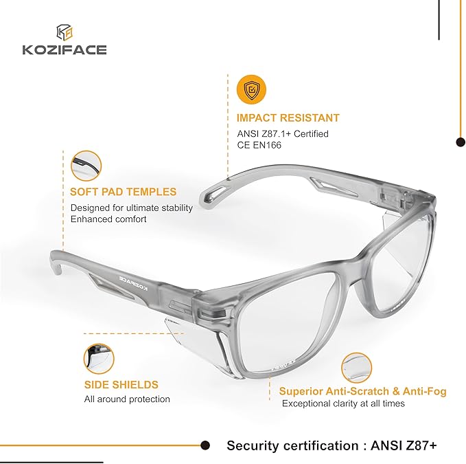 KOZIFACE E52 Anti-Fog Safety Glasses, ANSI Z87.1 Eye Protection with Side Shields, Clear Lens, Lightweight for Work, Lab DIY