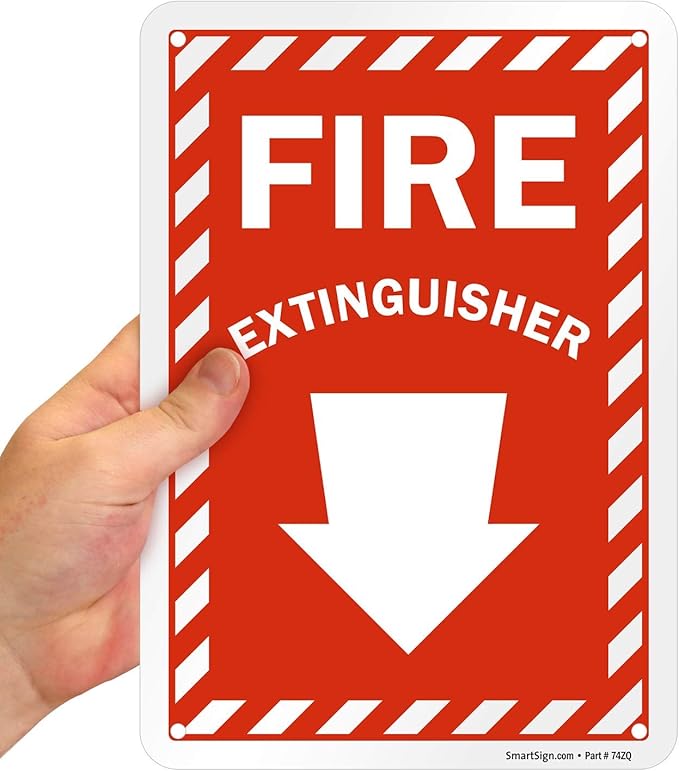 SmartSign 10 x 7 inch “Fire Extinguisher” Sign with Down Arrow and Pre-Cleared Holes, Digitally Printed, 55 mil HDPE Plastic, Red and White