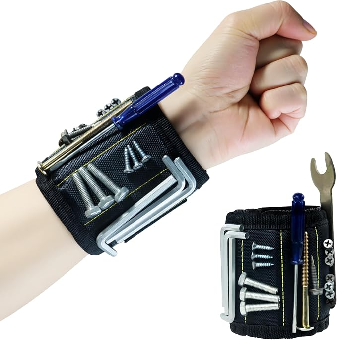Magnetic Wristband for Holding Screws, 10 Strong Magnets Tool Wrist Strap with Adjustable Velcro for DIY, Home Improvement, Electrical and Woodworking Work – Black